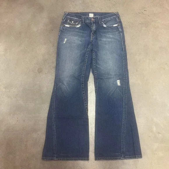 Vintage true religion men's blue jeans flare baggy thick stitch button flap‎